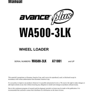 May include: A white shop manual with black text. The cover features the "avance plus" logo and the text "WA500-3LK WHEEL LOADER." Includes serial numbers and copyright information. Printed in the USA.