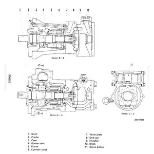 May include: Technical diagram of a mechanical component, featuring detailed cross-sectional views labeled with numbers and names. The diagram includes sections A-A, B-B, and C-C, showcasing internal parts like the shaft, piston, and valve plate.