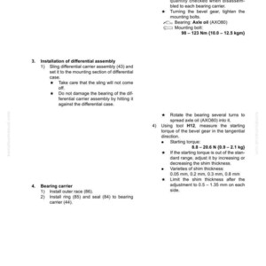 May include: Technical diagram with instructions for differential assembly, including steps for installing shims, bearing carriers, and outer races. Text includes torque specifications in Newton-meters and shim thickness measurements in millimeters.