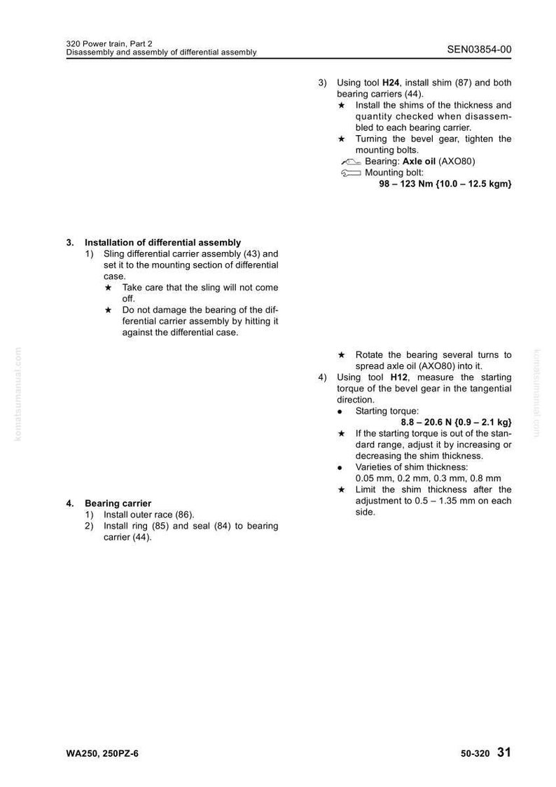 May include: Technical diagram with instructions for differential assembly, including steps for installing shims, bearing carriers, and outer races. Text includes torque specifications in Newton-meters and shim thickness measurements in millimeters.