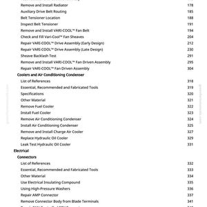 Puede incluir: P&aacute;gina de un manual con una lista de temas de reparaci&oacute;n de autom&oacute;viles, incluyendo sistemas de refrigeraci&oacute;n, componentes el&eacute;ctricos y herramientas. Texto negro sobre fondo blanco, con n&uacute;meros de p&aacute;gina a la derecha.