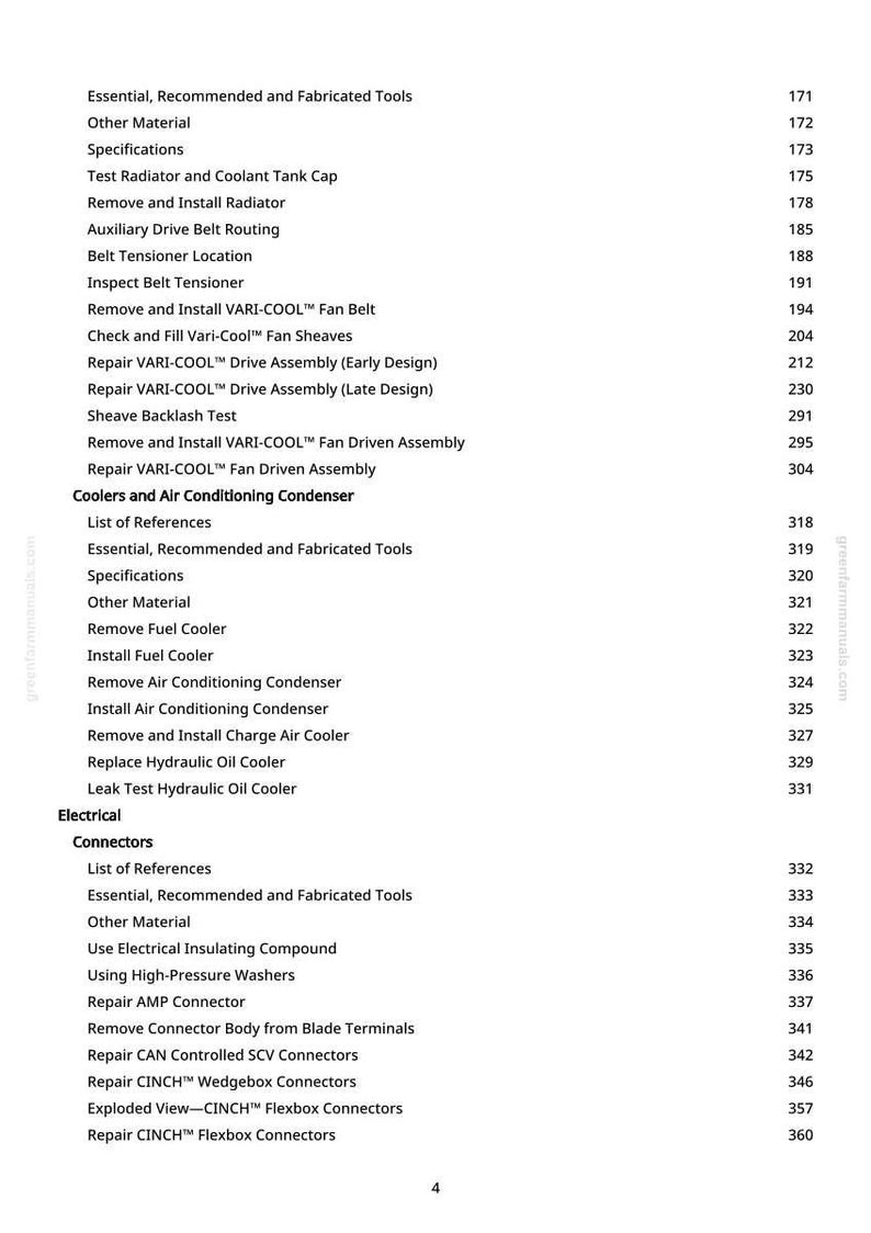 Puede incluir: P&aacute;gina de un manual con una lista de temas de reparaci&oacute;n de autom&oacute;viles, incluyendo sistemas de refrigeraci&oacute;n, componentes el&eacute;ctricos y herramientas. Texto negro sobre fondo blanco, con n&uacute;meros de p&aacute;gina a la derecha.