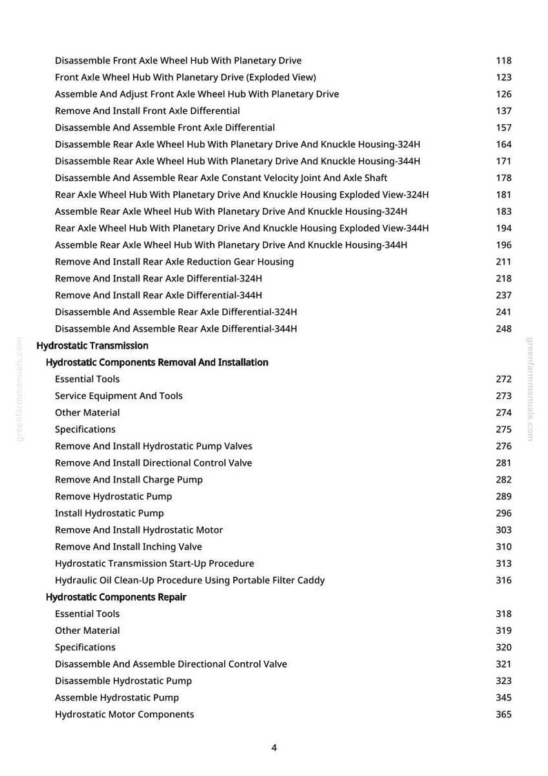 May include: A page from a manual with a table of contents. The text includes terms like "Hydrostatic Transmission," "Axle," and "Pump." The page number is visible on the right side. The website greenfarmmanuals.com is visible on the right side.
