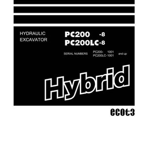 May include: Shop Manual for a hydraulic excavator. The cover is black and white, with the text "Shop Manual" at the top. The text "Hybrid" is prominently displayed. The Komatsu logo is at the bottom.