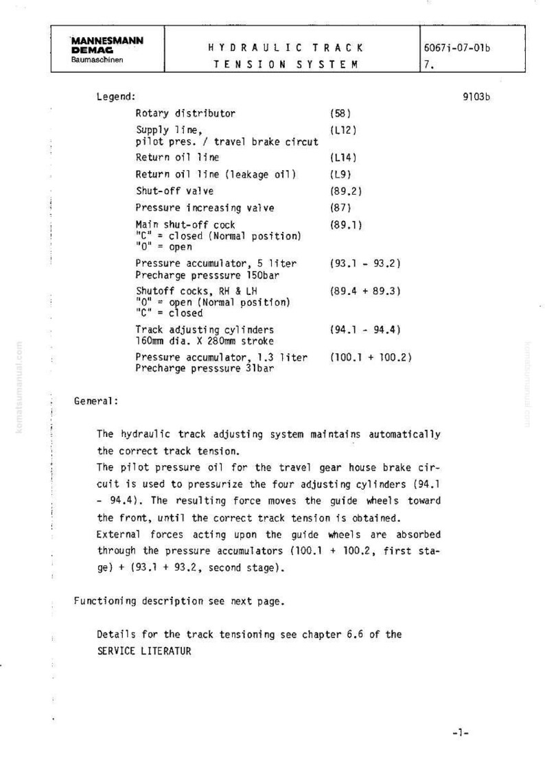 Pu&ograve; includere: Un documento tecnico di Mannesmann Demag che descrive un sistema di tensionamento cingoli idraulico. Il documento include diagrammi, specifiche e una legenda con termini come "Distributore rotante" e "Accumulatore di pressione".