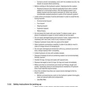 May include: A page from a safety manual with the title "Safety" and "Safety instructions for working on the hydraulic system." The text provides safety guidelines for hydraulic systems, including hazards and precautions. The Weidemann logo is in the upper right corner.