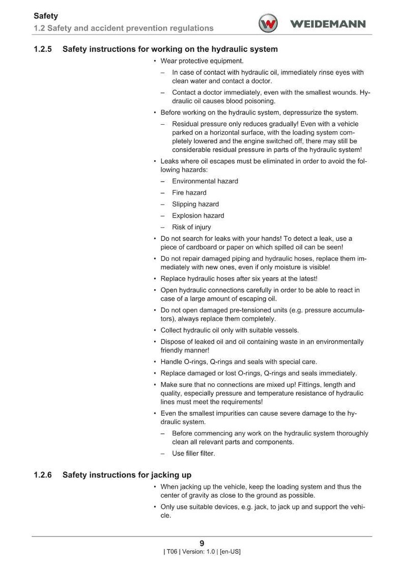 May include: A page from a safety manual with the title "Safety" and "Safety instructions for working on the hydraulic system." The text provides safety guidelines for hydraulic systems, including hazards and precautions. The Weidemann logo is in the upper right corner.