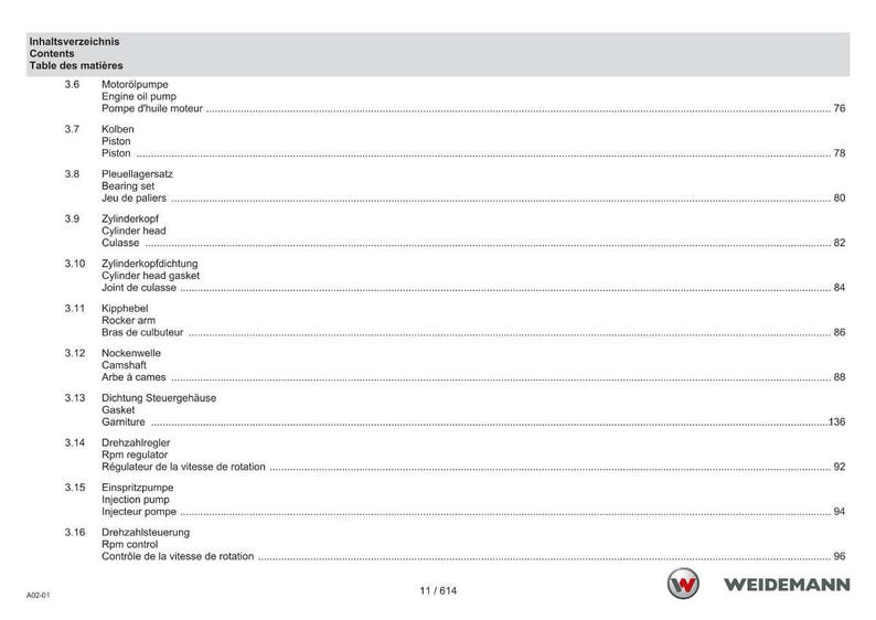 May include: A page from a manual with a table of contents in German, English, and French. The table lists engine components such as oil pumps, pistons, cylinder heads, and gaskets. The Weidemann logo is in the bottom right corner.
