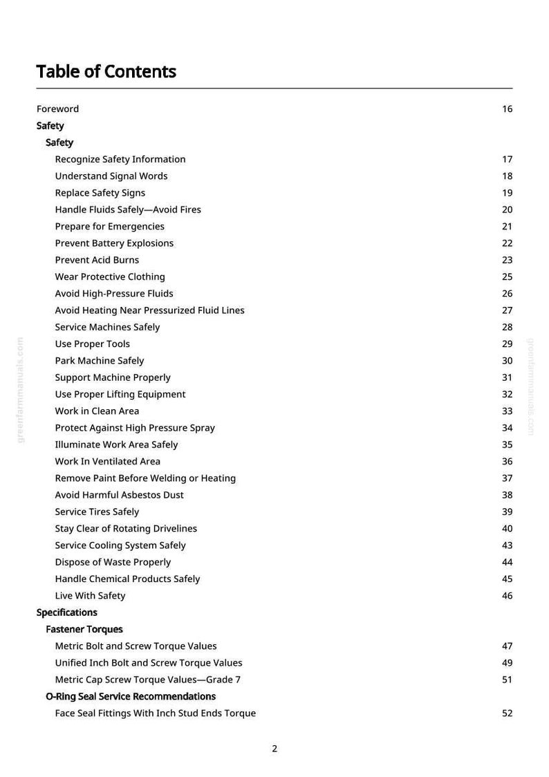 May include: A white page from a manual, titled "Table of Contents". It lists safety topics such as "Wear Protective Clothing" and "Dispose of Waste Properly". Page numbers are on the right-hand side.