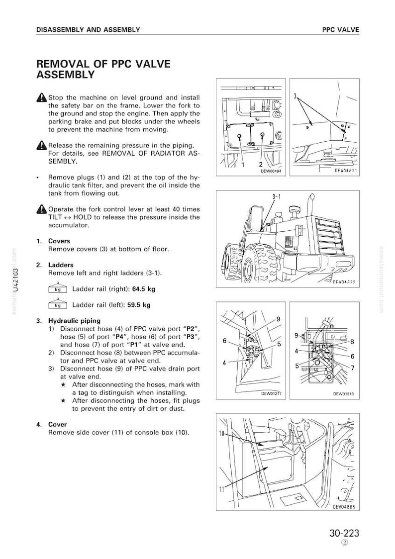May include: A technical diagram detailing the removal of a PPC valve assembly. The black and white illustration includes numbered components, diagrams of a machine, and instructions. Text includes safety warnings and steps for disassembly.