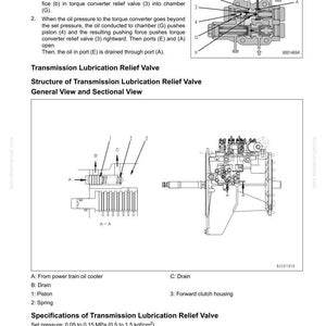 May include: Diagram of a power train system, including a torque converter relief valve and transmission lubrication relief valve. The image includes detailed sectional views and specifications for the components.