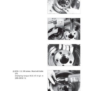 May include: Technical diagram showing the process of installing a wheel hub onto an axle housing. The steps include fitting the gear rim, mounting screws, and applying loctite. Text includes torque specifications.