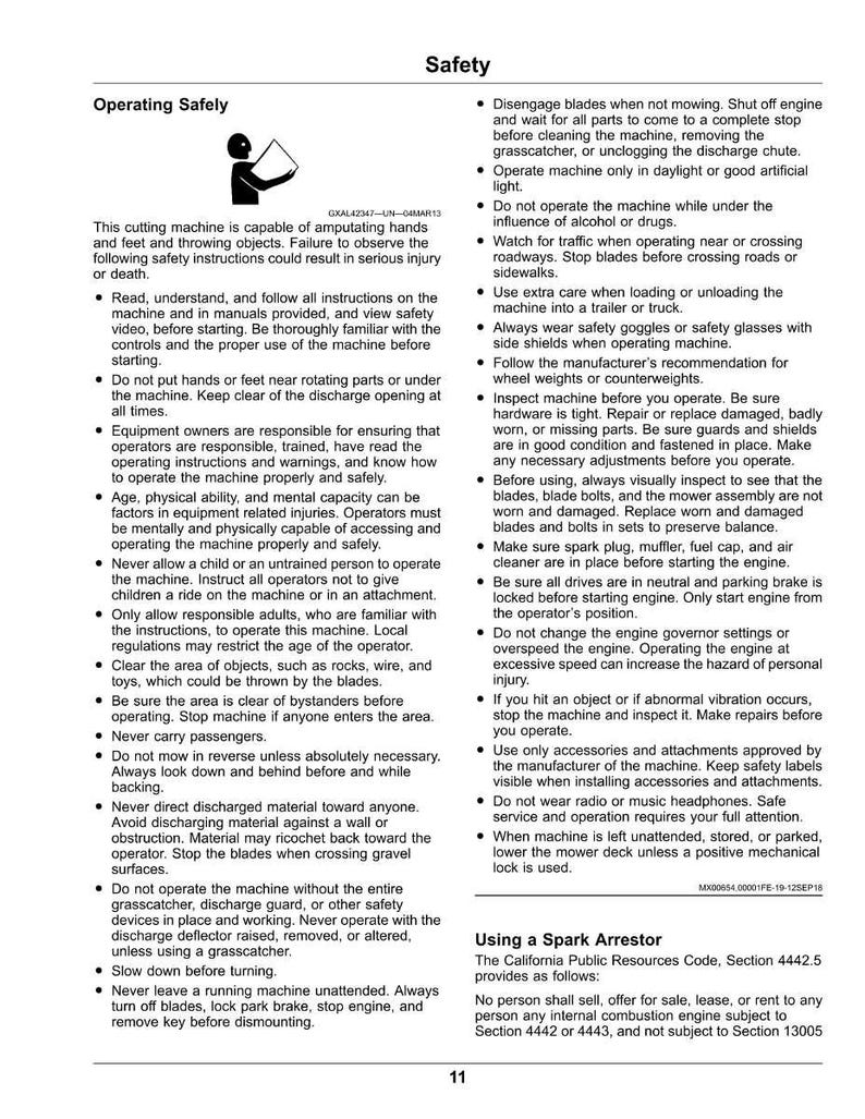 May include: A safety manual page with the title "Safety" and the subheading "Operating Safely." The page contains a list of safety instructions for operating a cutting machine, including warnings about injury and death. The page also includes a section on using a spark arrestor.