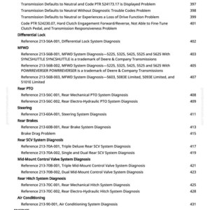 May include: A printed page detailing tractor system diagnostics and repair references. The text includes sections on transmission, differential lock, rear PTO, steering, brakes, and air conditioning. Page number 7 is visible.