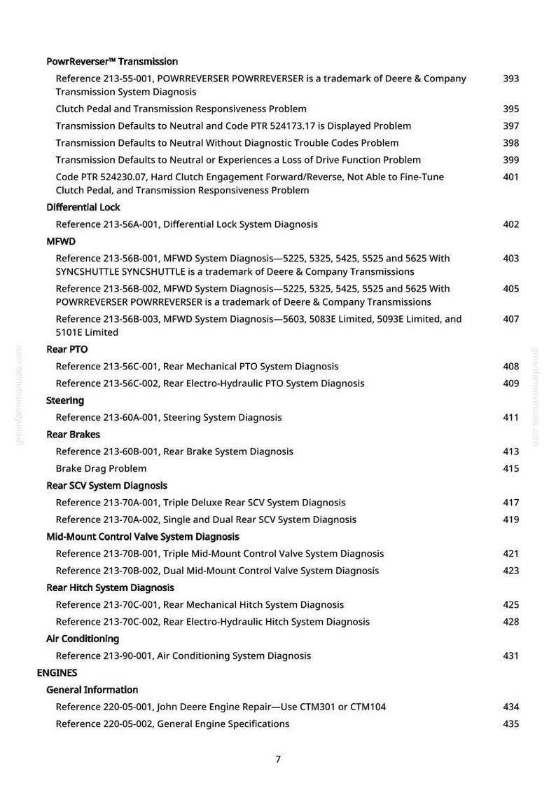 May include: A printed page detailing tractor system diagnostics and repair references. The text includes sections on transmission, differential lock, rear PTO, steering, brakes, and air conditioning. Page number 7 is visible.