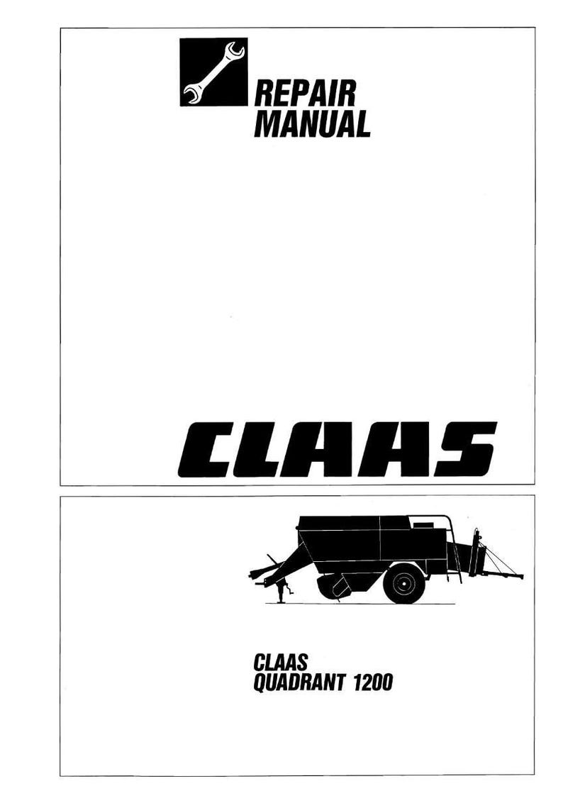 May include: A white repair manual with black text and illustrations. The top section features a wrench icon and the words "REPAIR MANUAL". The bottom section displays the word "CLAAS" and a silhouette of a CLAAS Quadrant 1200 machine.