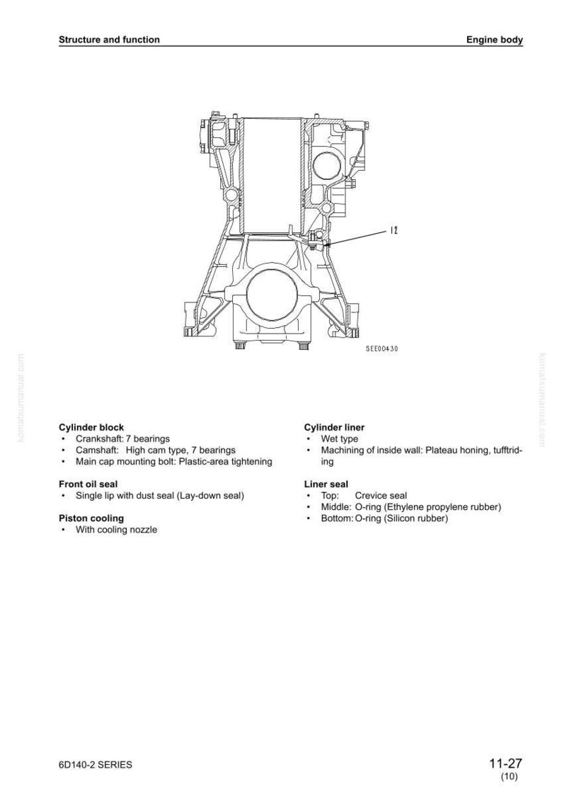 May include: Detailed technical diagram of an engine body, showcasing its structure and function. The diagram includes labels for the cylinder block, liner, and various seals, with measurements and specifications. The image is in black and white.