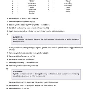 Puede incluir: Un diagrama t&eacute;cnico detallado con una leyenda, pasos numerados y advertencias de seguridad. El diagrama incluye piezas como tuber&iacute;as, juntas t&oacute;ricas y componentes de cilindros. Se proporcionan instrucciones para el desmontaje y el mantenimiento.