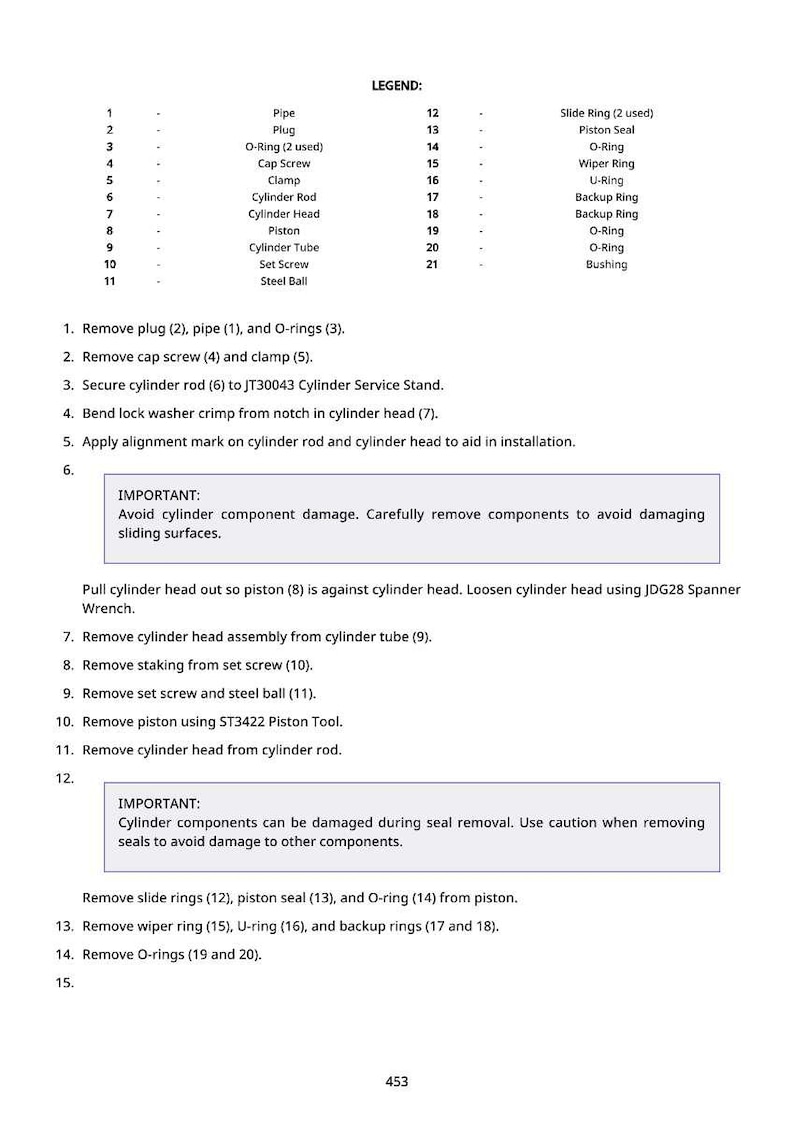 Puede incluir: Un diagrama t&eacute;cnico detallado con una leyenda, pasos numerados y advertencias de seguridad. El diagrama incluye piezas como tuber&iacute;as, juntas t&oacute;ricas y componentes de cilindros. Se proporcionan instrucciones para el desmontaje y el mantenimiento.
