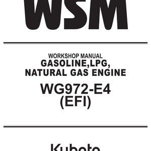 May include: A white document with black text. The text reads "WSM" at the top, followed by "WORKSHOP MANUAL GASOLINE, LPG, NATURAL GAS ENGINE WG972-E4 (EFI)". The Kubota logo is at the bottom.