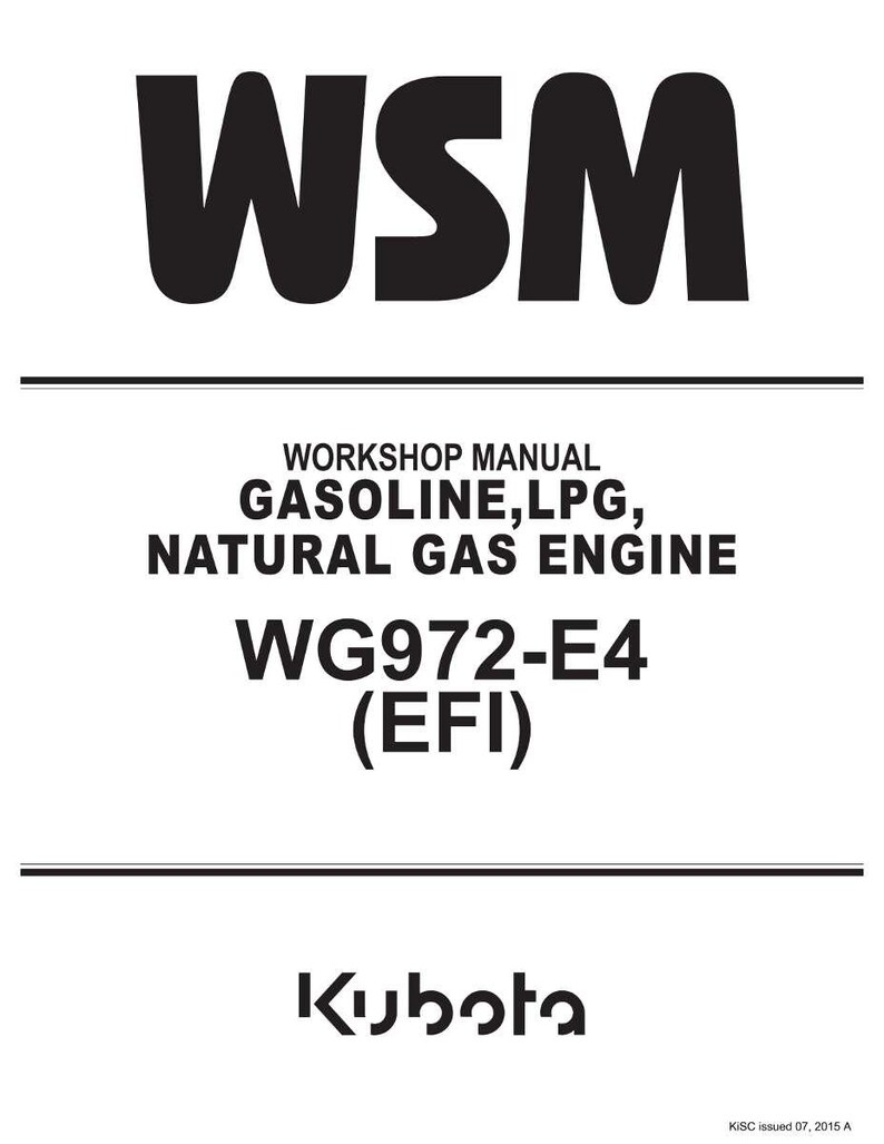 May include: A white document with black text. The text reads "WSM" at the top, followed by "WORKSHOP MANUAL GASOLINE, LPG, NATURAL GAS ENGINE WG972-E4 (EFI)". The Kubota logo is at the bottom.