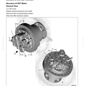 May include: Diagram of an HST motor, labeled with component parts and directional arrows. Text includes "HST Motor," "Structure of HST Motor," and part labels like "MA" and "MB." The image is a technical illustration.
