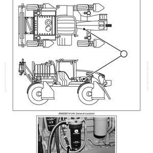 May include: Diagram of a water-in-fuel sensor, with a detailed location image below. The diagram shows a tractor-like vehicle with the sensor highlighted. Text includes "Water-In-Fuel Sensor" and location codes.