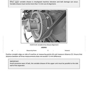 May include: Diagram of an upper variable drive sheave alignment. The image shows a detailed view of the sheave, with labels and arrows indicating measuring points. Text provides instructions and warnings about alignment and belt wear.