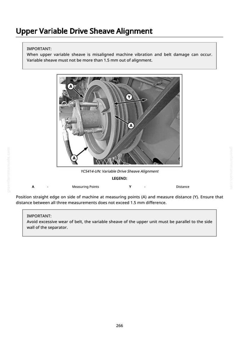 May include: Diagram of an upper variable drive sheave alignment. The image shows a detailed view of the sheave, with labels and arrows indicating measuring points. Text provides instructions and warnings about alignment and belt wear.
