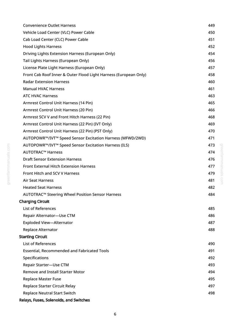 Puede incluir: Una lista detallada de componentes el&eacute;ctricos automotrices, incluyendo arneses, cables y sensores. El texto est&aacute; organizado con nombres de art&iacute;culos y n&uacute;meros de p&aacute;gina correspondientes.