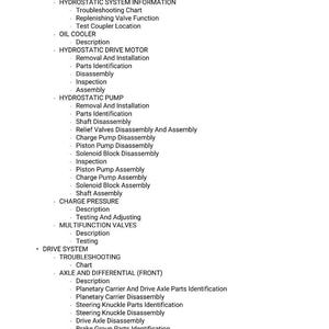 May include: A detailed list of mechanical system components, including the boom suspension, hydrostatic system, oil cooler, hydrostatic drive motor, and hydrostatic pump. The text is in black font on a white background.