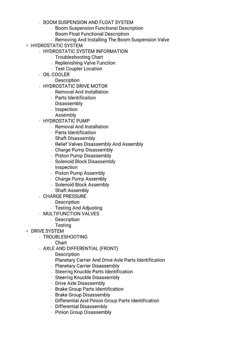 May include: A detailed list of mechanical system components, including the boom suspension, hydrostatic system, oil cooler, hydrostatic drive motor, and hydrostatic pump. The text is in black font on a white background.