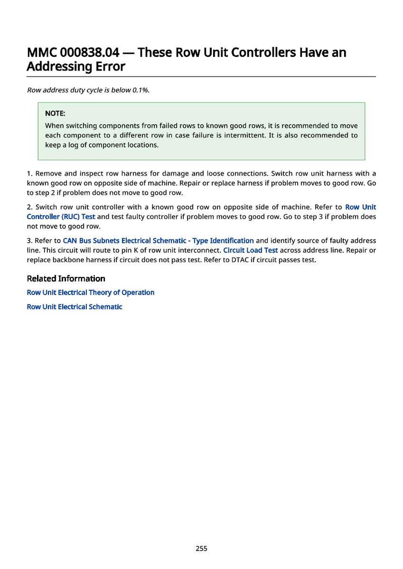 May include: A technical document titled "MMC 000838.04 - These Row Unit Controllers Have an Addressing Error." The document includes troubleshooting steps, notes, and related information about row unit controllers. The text is in black font on a white background.