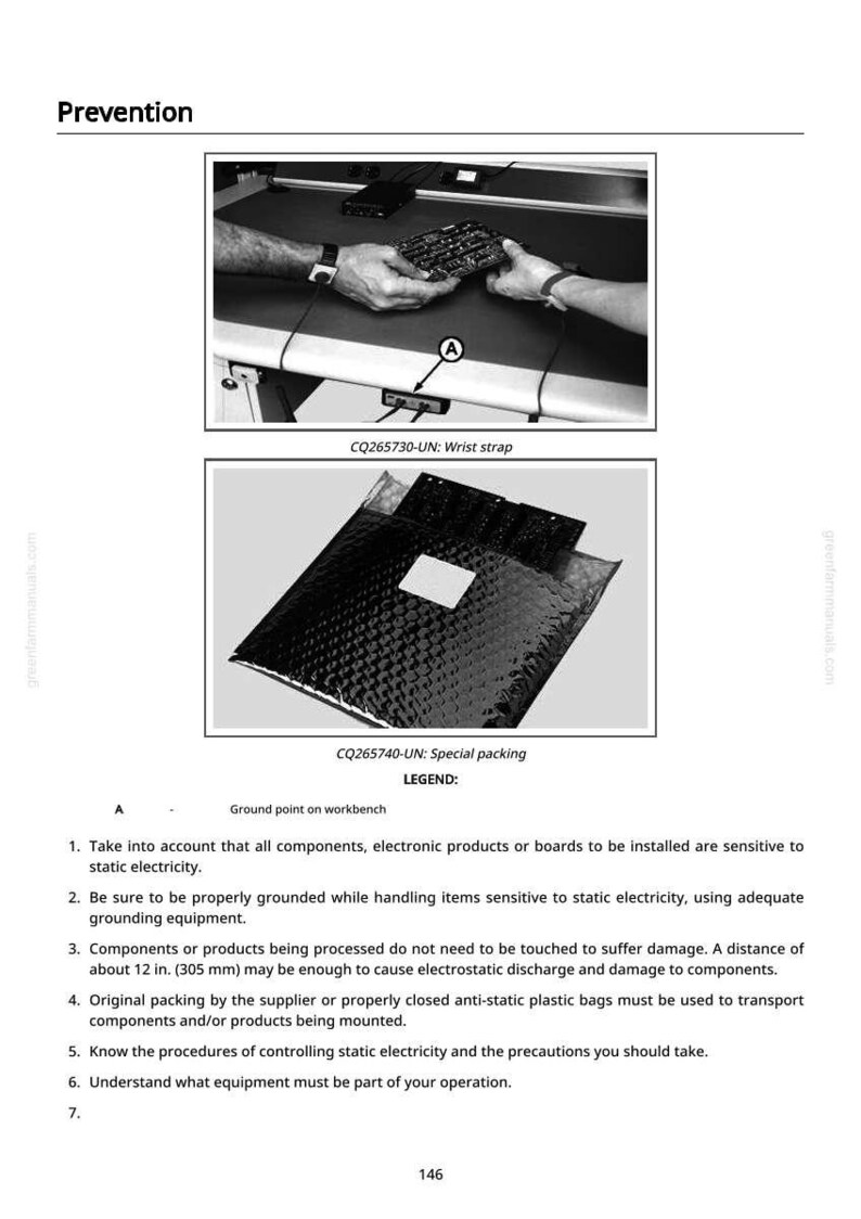May include: Image from a manual about prevention. It shows a wrist strap and special packing. The text includes instructions about handling electronic components and preventing static electricity. The image also includes a diagram.