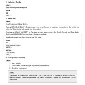 Puede incluir: Una p&aacute;gina blanca con texto negro que detalla los pasos para solucionar problemas de una falla del circuito del interruptor MFWD. El texto incluye instrucciones para comprobaciones preliminares, verificaci&oacute;n de c&oacute;digos y comprobaciones operativas.