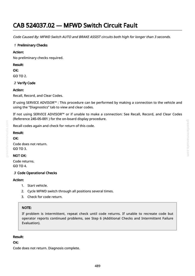 Puede incluir: Una p&aacute;gina blanca con texto negro que detalla los pasos para solucionar problemas de una falla del circuito del interruptor MFWD. El texto incluye instrucciones para comprobaciones preliminares, verificaci&oacute;n de c&oacute;digos y comprobaciones operativas.
