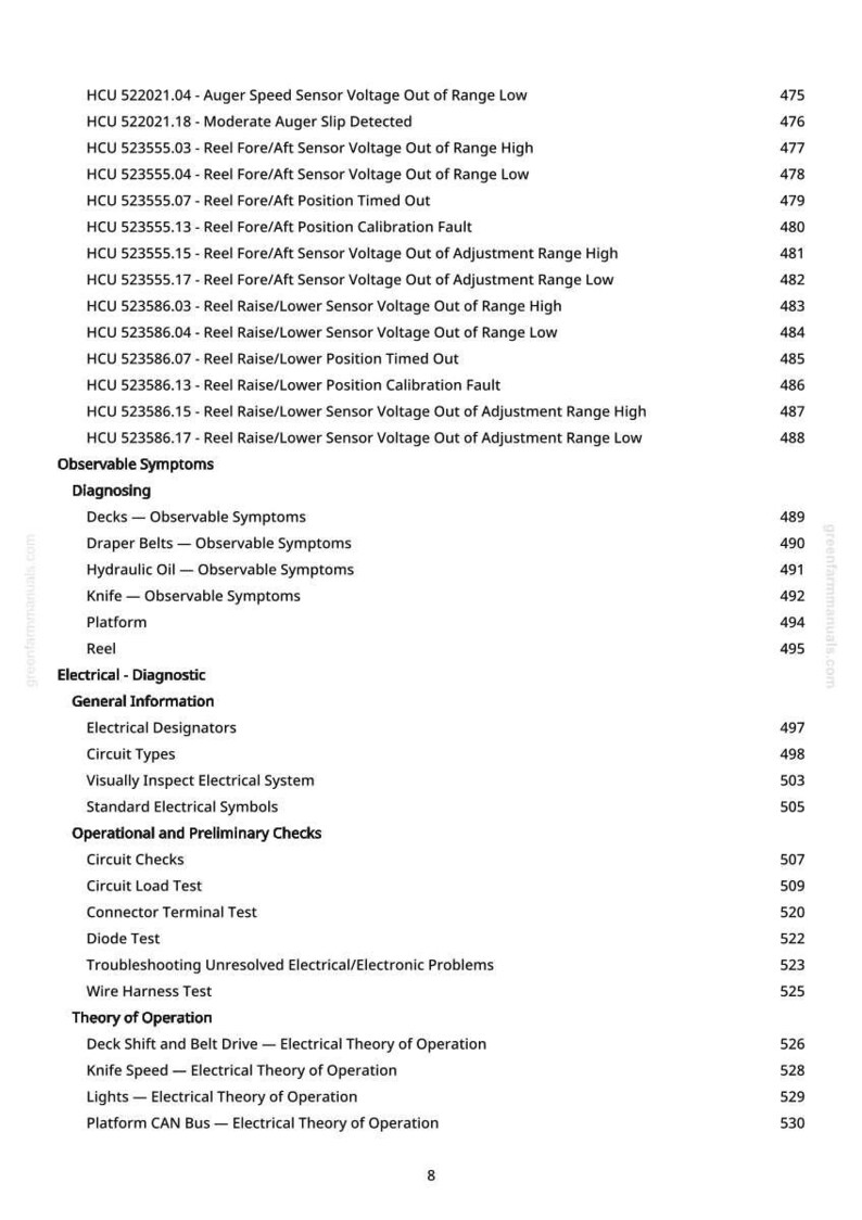 Peut inclure: Une page de manuel avec une table des mati&egrave;res. Le texte comprend des informations de diagnostic, des d&eacute;tails sur le syst&egrave;me &eacute;lectrique et des contr&ocirc;les op&eacute;rationnels. Le num&eacute;ro de page est 8.