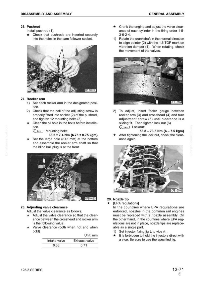 May include: A page from a manual detailing engine disassembly and assembly procedures. The image includes close-up views of engine components, diagrams, and text instructions for tasks like pushrod installation and valve clearance adjustment.