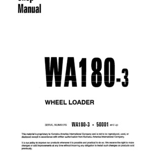 Może przedstawiać: Biała okładka instrukcji warsztatowej z czarnym tekstem. Tytuł "Shop Manual" znajduje się na g&oacute;rze, a "WA180-3 WHEEL LOADER" jest wyraźnie wyświetlony. Numer seryjny to WA180-3 - 50001 i wyżej. Copyright 1997 Komatsu America International Company.