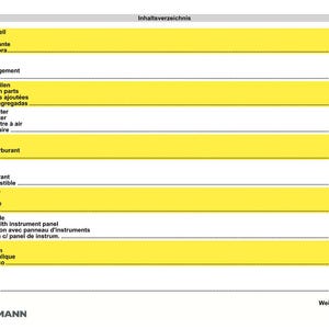 May include: A page from a Weidemann 1490 P50 manual, featuring a table of contents in multiple languages. The text is in black, with yellow highlighting on the rows. The Weidemann logo is at the bottom.