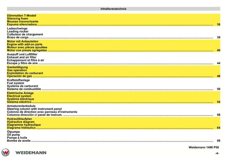 May include: A page from a Weidemann 1490 P50 manual, featuring a table of contents in multiple languages. The text is in black, with yellow highlighting on the rows. The Weidemann logo is at the bottom.