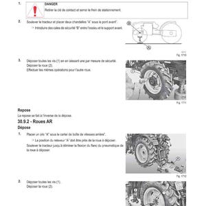 May include: A page from a manual detailing the procedure for removing and replacing tractor wheels. The text is in French, with diagrams illustrating the steps. The images show the tractor's wheels and related components.