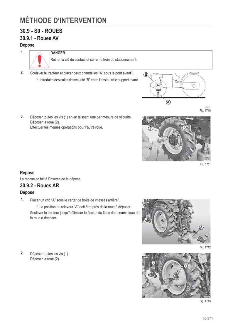 May include: A page from a manual detailing the procedure for removing and replacing tractor wheels. The text is in French, with diagrams illustrating the steps. The images show the tractor's wheels and related components.