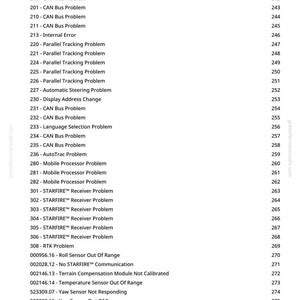 Pu&ograve; includere: Una pagina stampata con un elenco di codici di errore diagnostici e i relativi numeri. I codici riguardano vari problemi, tra cui problemi del bus CAN, problemi del ricevitore STARFIRE ed errori del sensore. La pagina proviene da greenfarmmanuals.com.