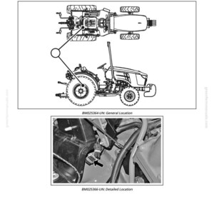 K&ouml;nnte beinhalten: Technische Zeichnung eines Traktors und eines Steckers mit dem Text "XX111 - Right-hand Lights Harness-to-Platform Harness Connector". Enth&auml;lt eine Nahaufnahme eines Steckers mit dem Text "BM025366-UN: Detailed Location".