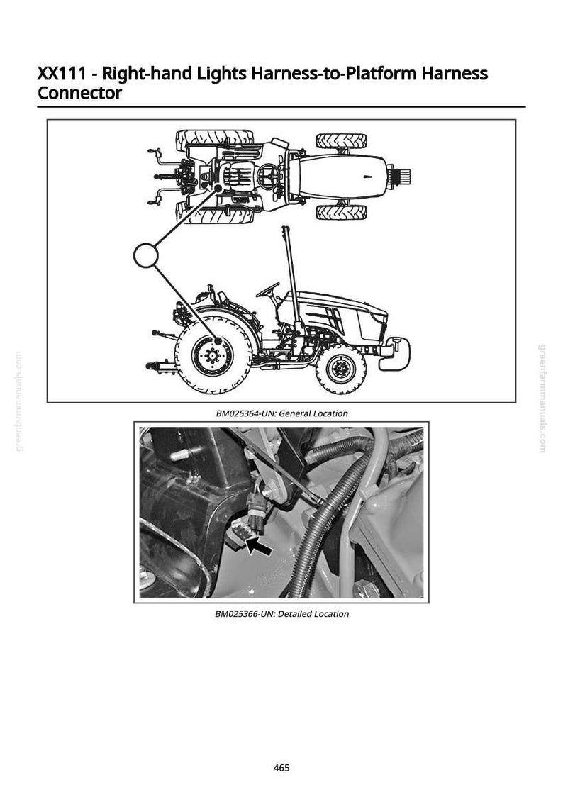 K&ouml;nnte beinhalten: Technische Zeichnung eines Traktors und eines Steckers mit dem Text "XX111 - Right-hand Lights Harness-to-Platform Harness Connector". Enth&auml;lt eine Nahaufnahme eines Steckers mit dem Text "BM025366-UN: Detailed Location".