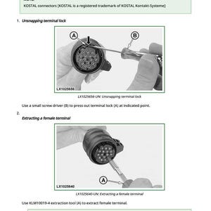 May include: Diagram of KOSTAL Connectors with instructions for unsnapping and extracting female terminals. Includes images of connectors and tools, with text labels and part numbers LX1025656 and LX1025640.