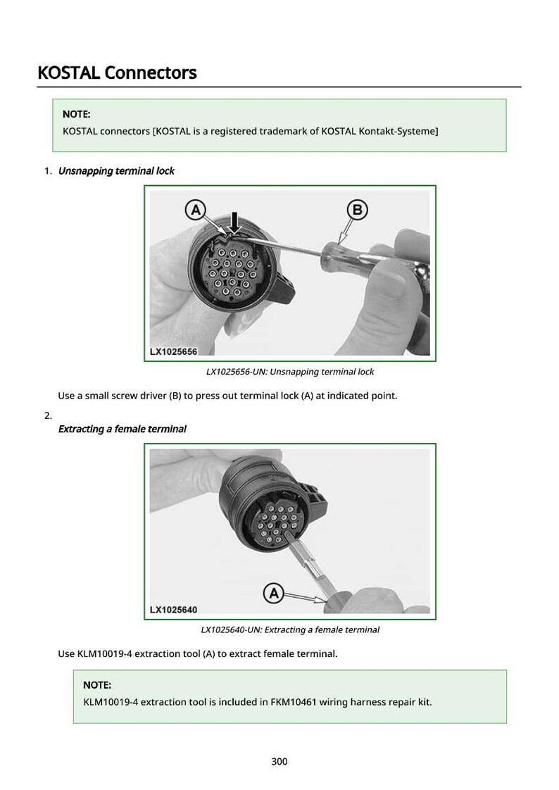 May include: Diagram of KOSTAL Connectors with instructions for unsnapping and extracting female terminals. Includes images of connectors and tools, with text labels and part numbers LX1025656 and LX1025640.