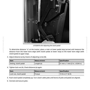 May include: Black and white diagram illustrating clutch pedal adjustment on a tractor. The image includes a ruler measuring a distance of 2 inches (&plusmn; 0.04 in.) and a torque specification of 11 lb-ft.