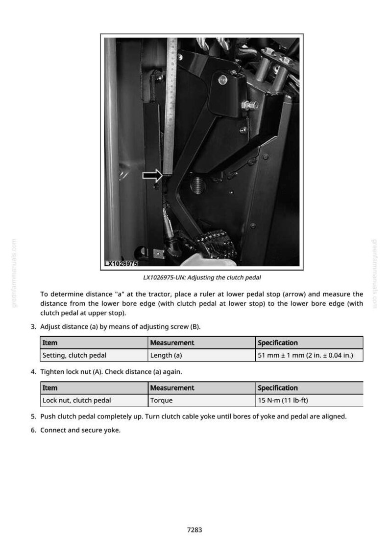 May include: Black and white diagram illustrating clutch pedal adjustment on a tractor. The image includes a ruler measuring a distance of 2 inches (&plusmn; 0.04 in.) and a torque specification of 11 lb-ft.